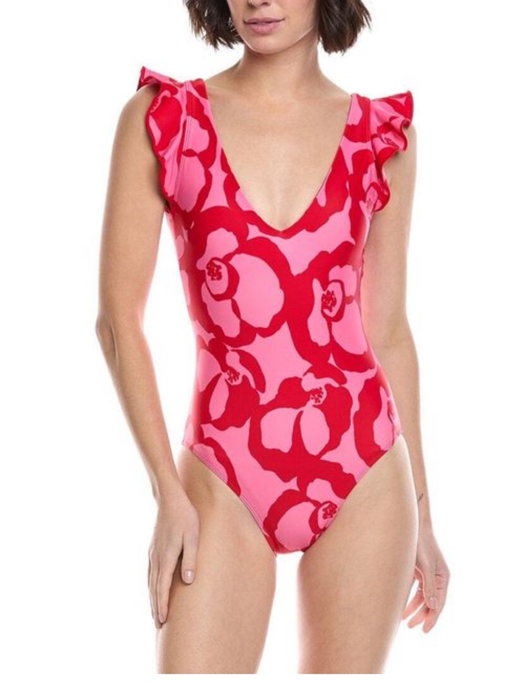 Summersalt red pink floral ruffle back flip one piece swimsuit size 4
